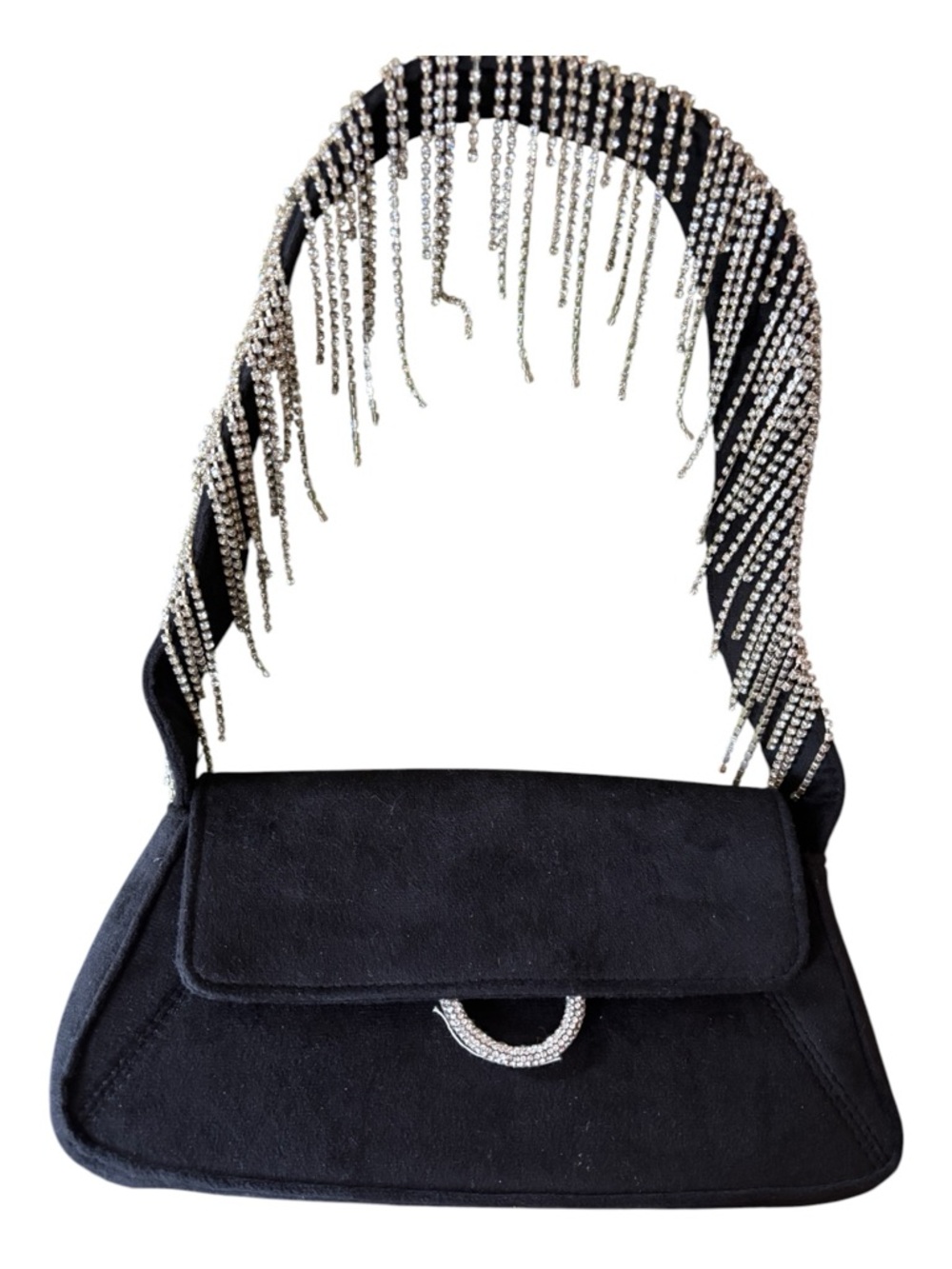 Black Faux Suede Shoulder Bag with Crystal Fringe Strap GUC